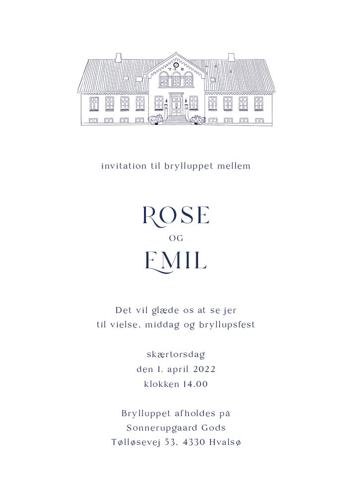 
                Enkel og elegant bryllupsinvitation. Denne invitation er meget minimalistisk og smuk på sin helt egen måde. Skøn invitation med en håndtegning af Sonnerrupgaard. Brug bagsiden af invitationen til flere praktiske oplysninger eller et program over bryllupsfesten. Til designet kommer også matchende elementer i form af velkomstskilt, salmehæfte, bordoversigt, menukort, bordkort, drinkskort, takkekort mm. således I kan skabe en rød tråd for dagen.                